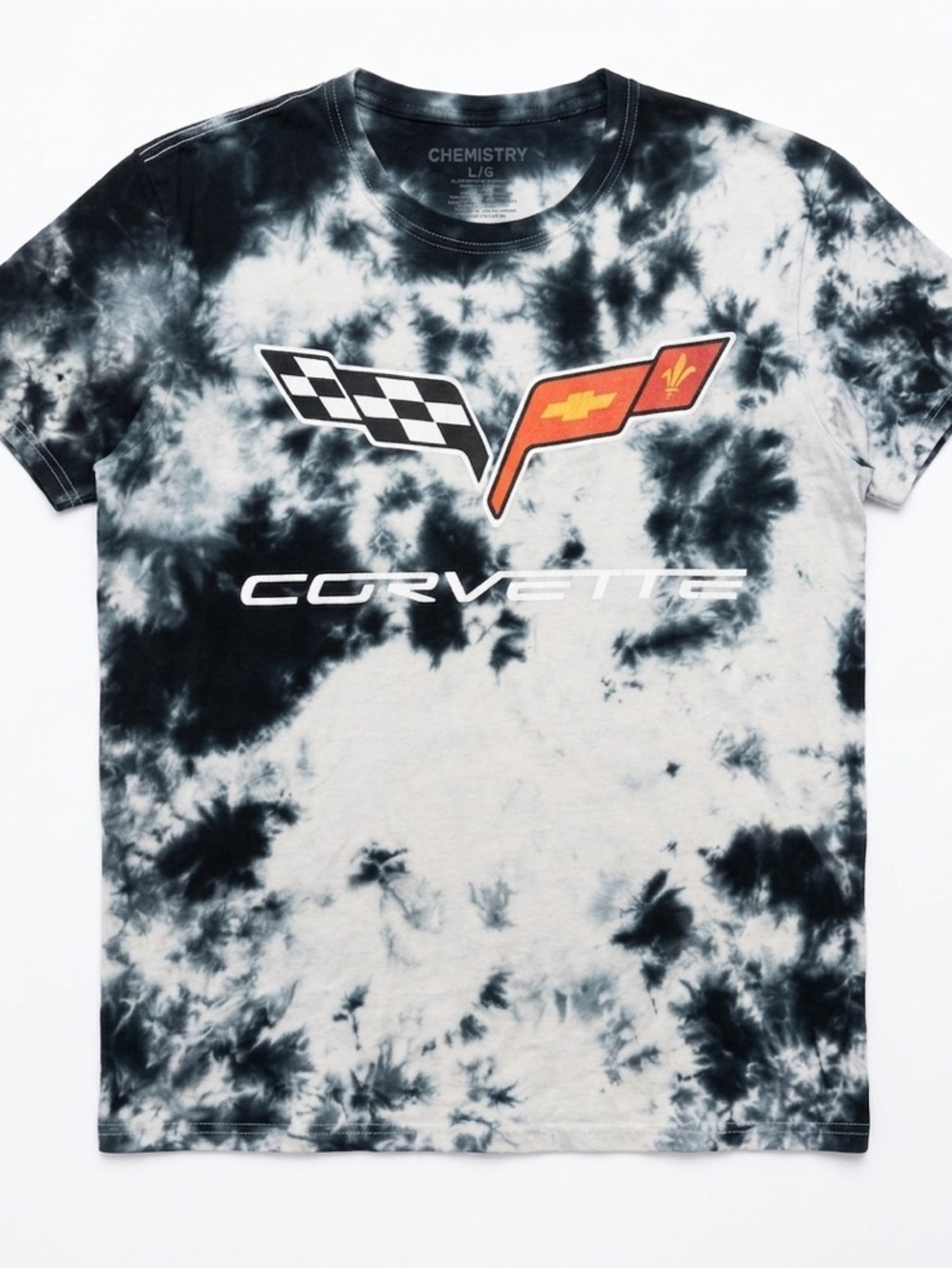 Chemistry Black and White Tie-Dye Corvette Logo crop Tee size large